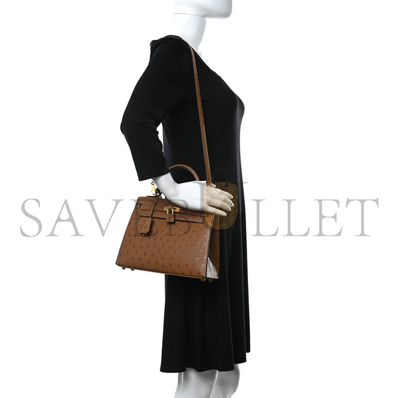 HERMÈS MASTER KELLY 25 OSTRICH LEATHER VELVET GREEN AND ROYAL BLUE BRUSHED GOLD BUCKLE (25*17*7cm)